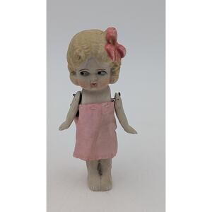 Vintage Bisque Jointed Dolls Made in Japan 1920s Flapper Style w/Pink Bow 4"